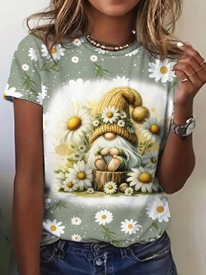 Bee Genie Gnomes Printed Womens T-shirt Comfortable Crew Neck Short Sleeves Summer Style Casual Woman Clothing