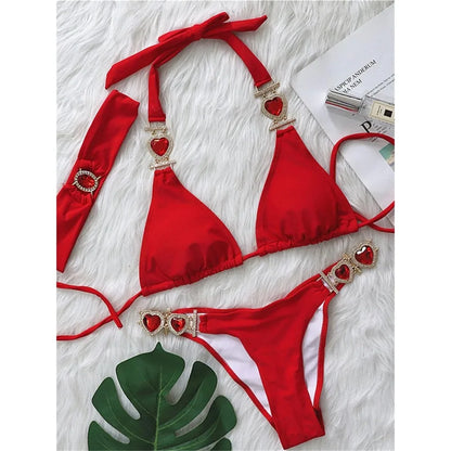 Sexy Rhinestones Bikini 2024 Mujer Women Solid Red Glitter Diamond Thong Swimwear Metal Chain Bathing Suit Band 3 Piece Swimsuit