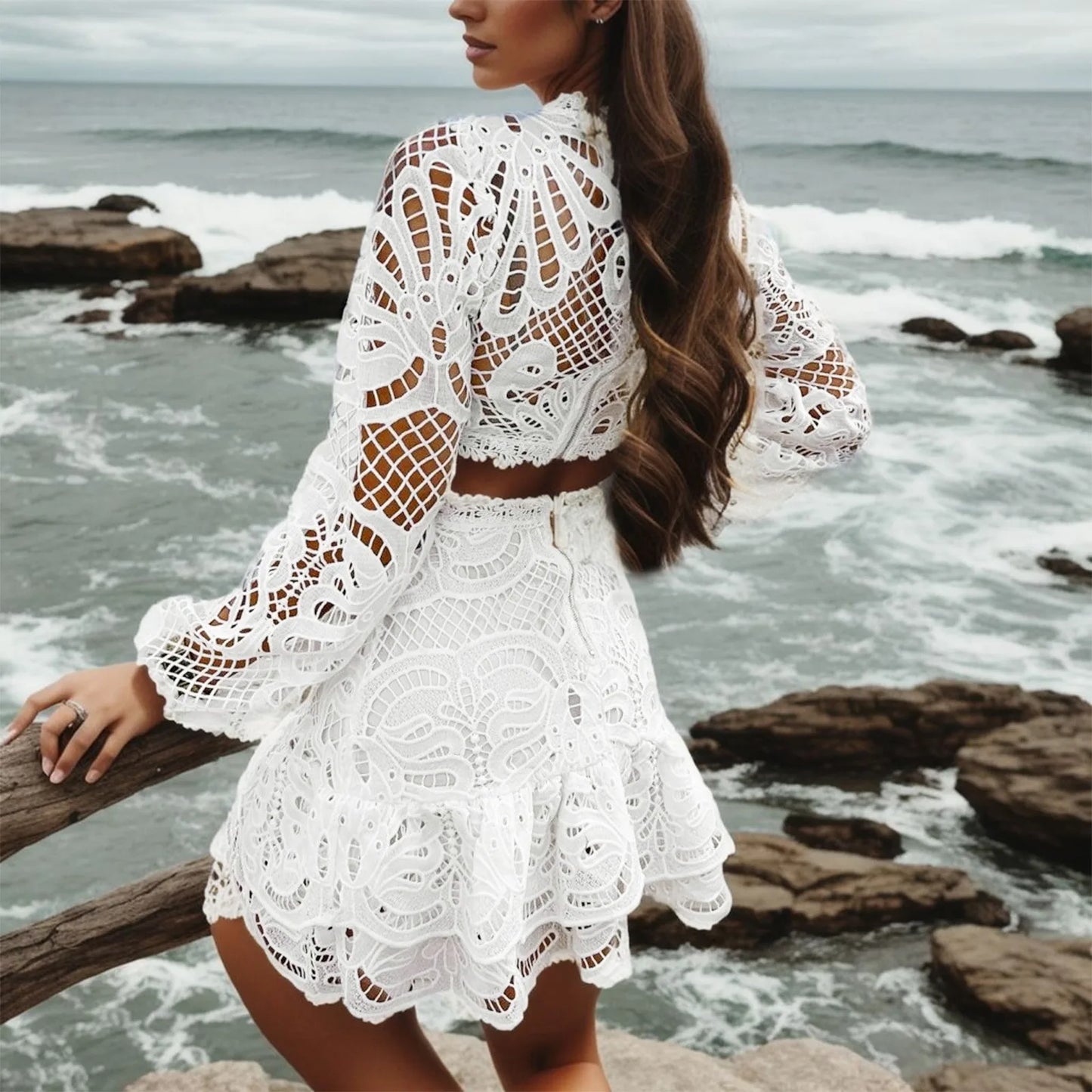 Fashion Women's Shorts Set Long Sleeve Top Suit Shorts Two Piece Set  Basic Top & Shorts Set Hollow Lace Fashion Embroidery Set