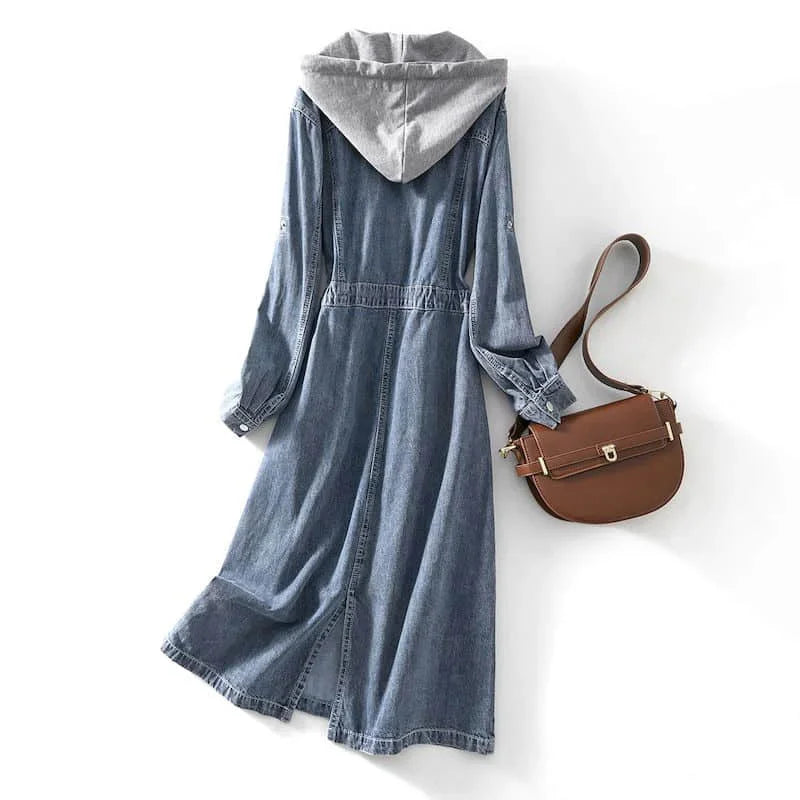 Denim Women Dress Vintage Casual Long Sleeve Lace-up Waist Korean Style Fake Two Pieces Mid-calf Shirt Dress for Women Clothing