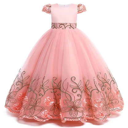 Girls lace sequin princess dress 2024 new children's embroidered bow puffy dress carnival birthday Christmas performance clothin