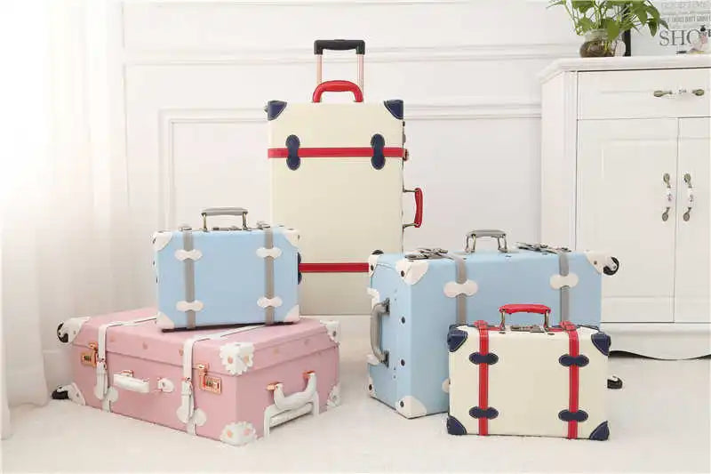 Travel Pu Leather Pink Vintage Suitcase Box Sets Cute Hand Carry-On Luggage For Women Makeup Cosmetic