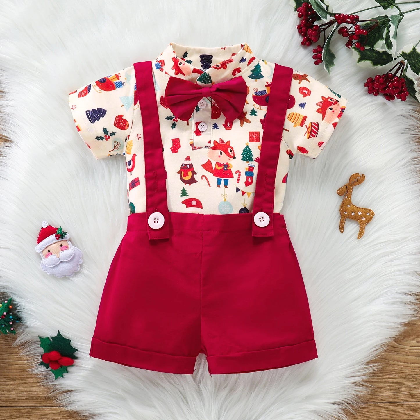 Christmas Suit Infant Bow Short Sleeve Polo Romper + Brace Set Newborn Baby Girl Boy Clothes