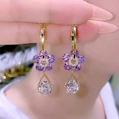 Exquisite Flower Dangle Earings Shiny Full Rhinestones Crystal Drop Earrings Women's Fashion Party Wedding Ear Jewelry Gifts