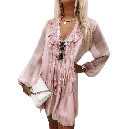 Summer Beach Style Ruffles Tassel Tie Up Pink Dress for Women Elegant Sexy V-neck Loose Fit Holiday Party Dress Chiffon Vestidos