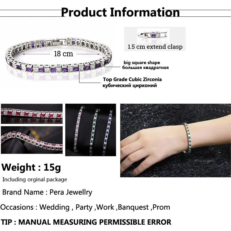 Pera Classic Women Jewelry Austrian Crystal Dark Blue CZ Big Square Silver Color Hand Bracelets Bangles for Christmas Gift B026