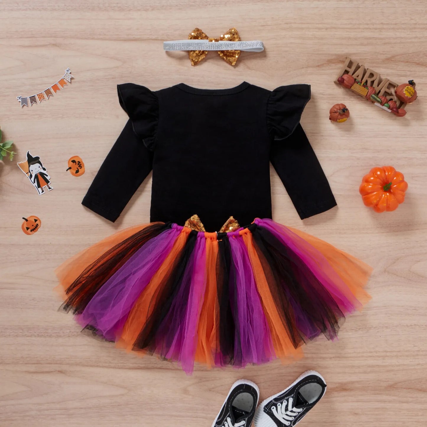 Baby Girls Halloween Clothes Set Long Sleeve Letter Printed Romper Multicolor Yarn Skirt Headdress Halloween Costume