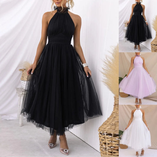 Sexy Halter Holiday Party Dress Women Off Shoulder Mesh Backless Pleated Dress White Vestidos Formal Wedding Gown Long Dress