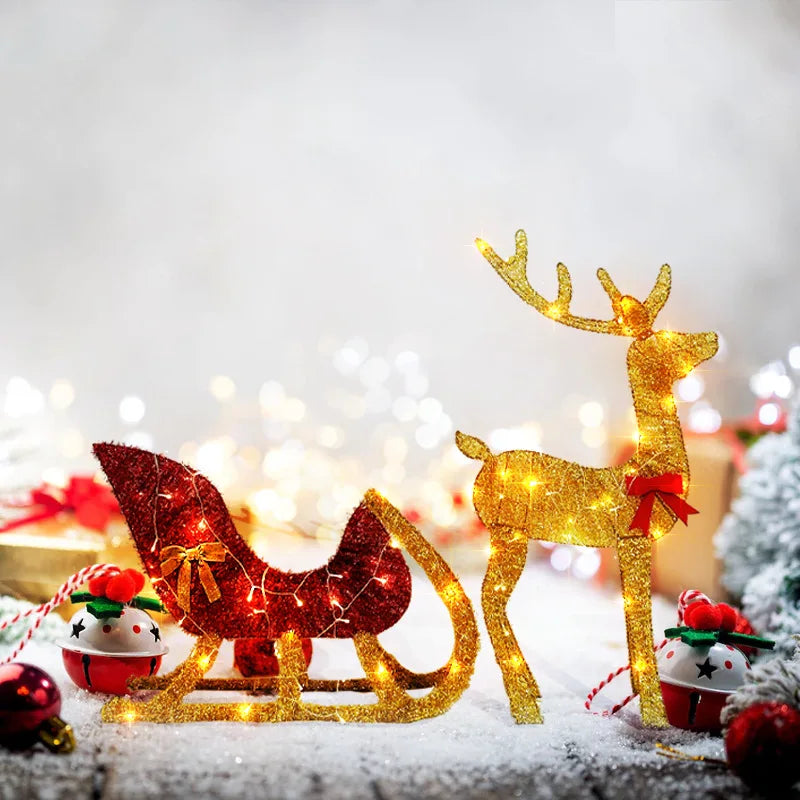 Lighted Christmas Reindeer and Sleigh Outdoor Yard Decoration Set with Lights Stakes Holiday Decorations Ornament Xmas New Year