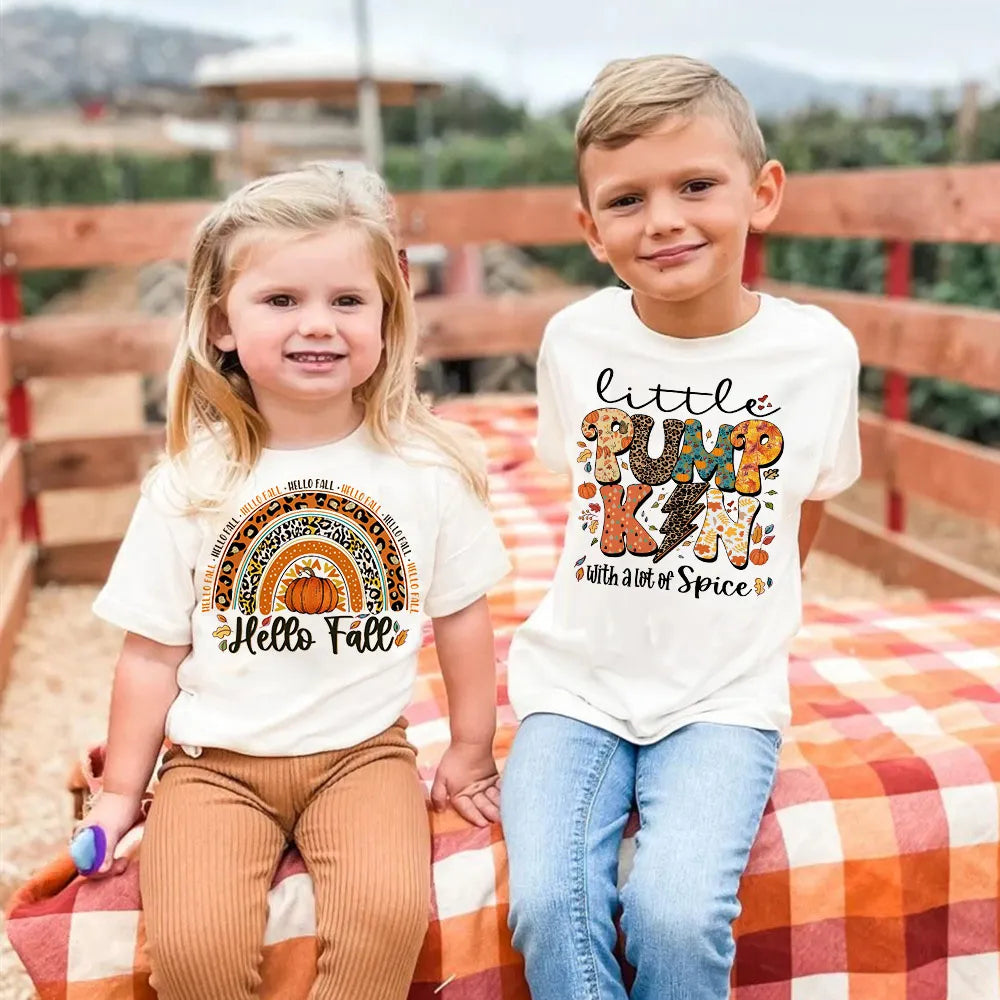 Little Pumpkin with A Lot of Spice Print T-shirt Fall Festive Shirt Kids Tops Clothes Halloween Thanksgiving Toddler Outfit Tee