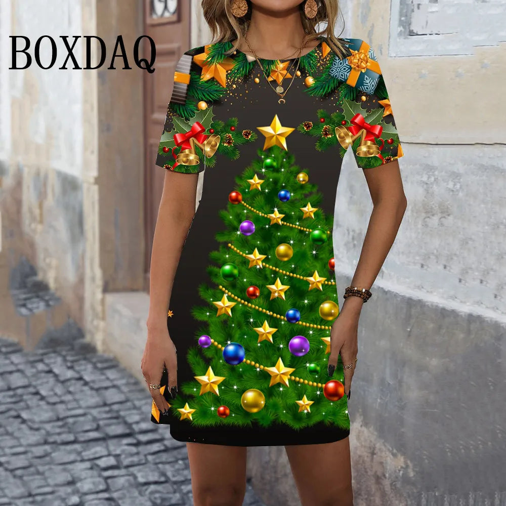 Cute Christmas Red Santa Claus Print Women Dress 2024 New Year Ladies Loose Mini Dress Casual Short Sleeve A-Line Dress Vestidos