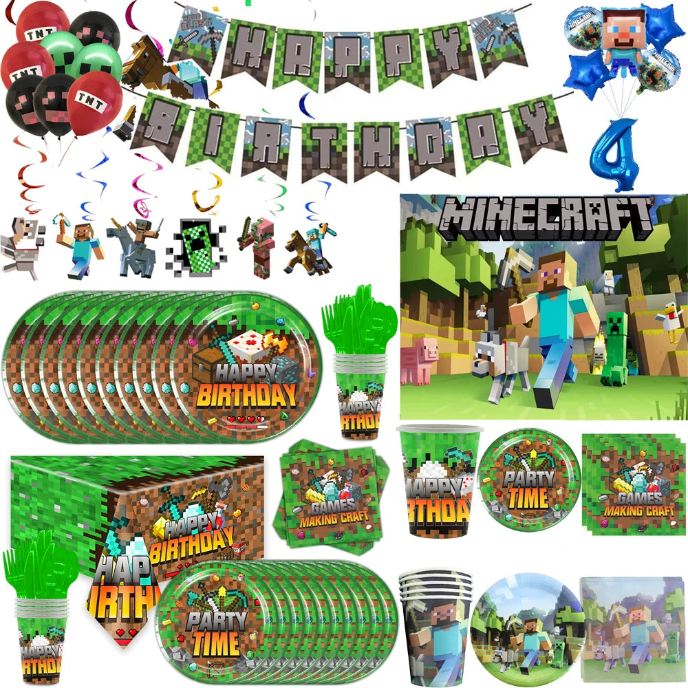 Miner Crafting Pixel Video Game Party Decor Disposable Tableware Cup Plate Tablecloth Balloon Baby Shower Kid Boy Party Supplies