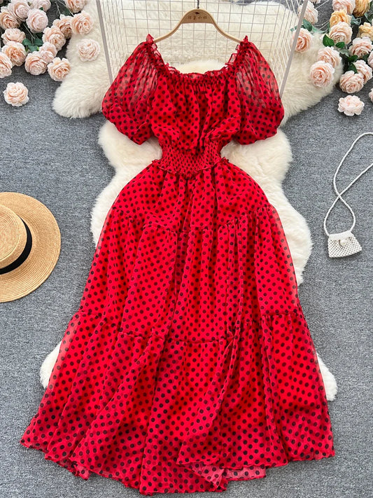 Summer Women Red/Green/White Polka Dot Chiffon Long Dress Beach Vacation Sexy Short Puff Sleeve High Waist A-Line Party Robe New