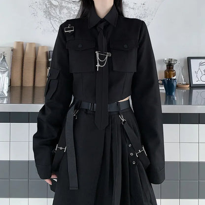 EMO Gothic Cargo Shirt Suit E Punk Chain Ribbon Skirts Goth Dress Autumn Streetwear Harajuku Black Grunge Aesthetic Clothes