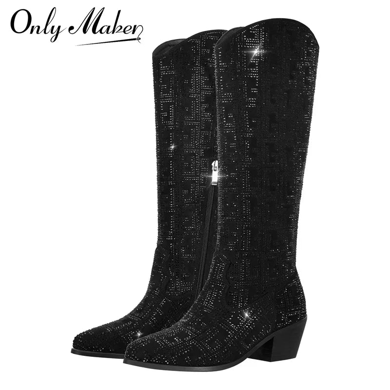 Onlymaker Women Black Knee High Boots Western Cowboy Boots Wide Calf  Pointed Toe Heel Pull-On Cowgirl Handmade Boots