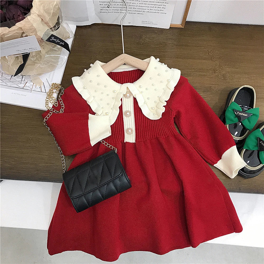 Girls Sweater Dresses Autumn Winter Kids Merry Christmas Pearl Beading Peter Pan Collar Long Sleeve Red Knitted Sweaters Dress