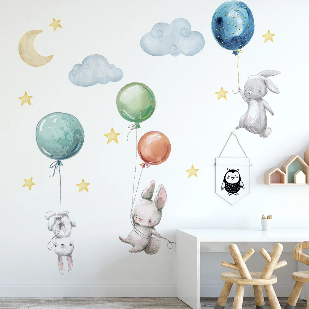 Cute Lovely Flying Rabbits Wall Stickers Balloons Moon Star Cloud Removable Decal for Kids Nursery Baby Room Decor Poster Mural