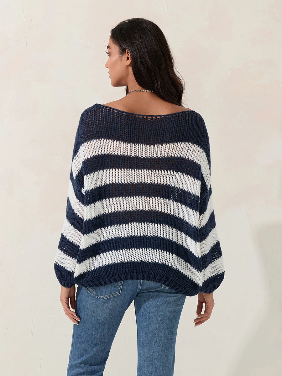 Women s Striped Sweater Vintage Loose Boat Neck Long Sleeve Pullover Tops for Fall Winter