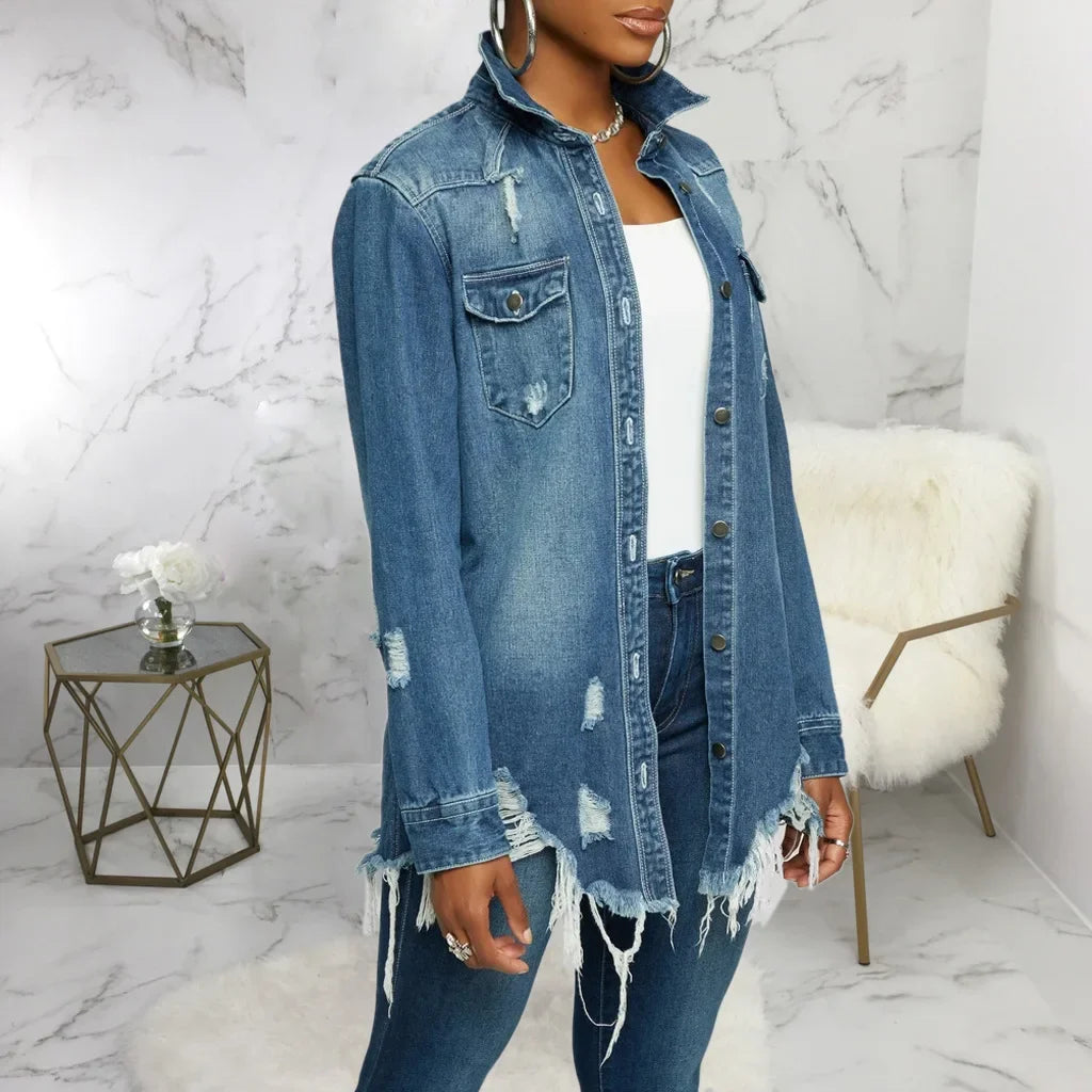 Women Jeans Jackets Spring Summer Ripped Denim Vintage Casual Denim Jacket Long Sleeve Female Chic Coat Streetwear 2024