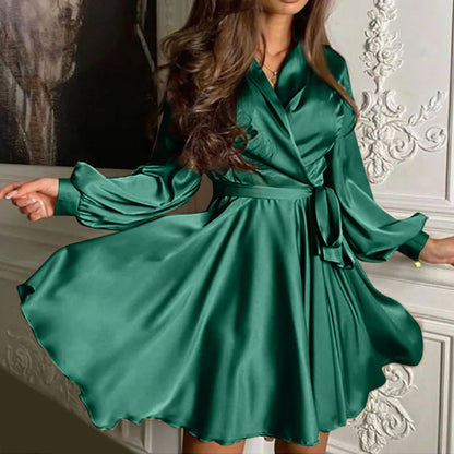 Elegant and Luxury Green Satin Party Dress for Women 2024 New Fashion V-neck Wraped Lace Up A-line Mini Dress Elegance Robes