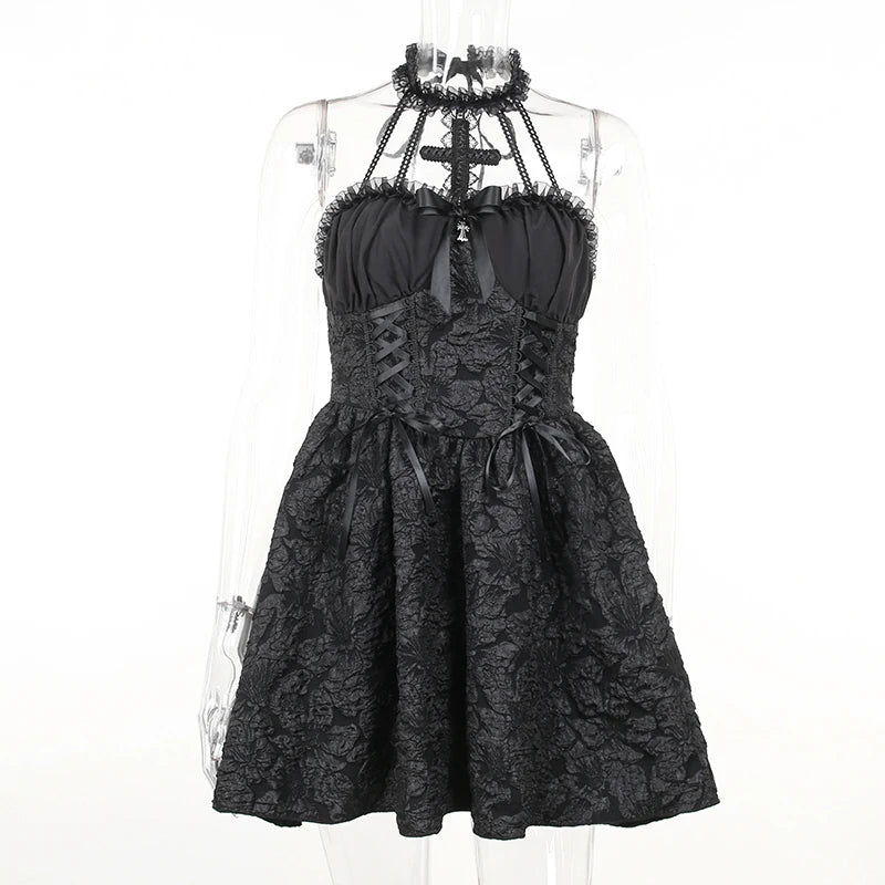 Goth Dark Mall Gothic Emo Jacquard A-line Dresses Elegant Grunge Ruched Bandage Partywear Punk Black Women Halloween Club Dress