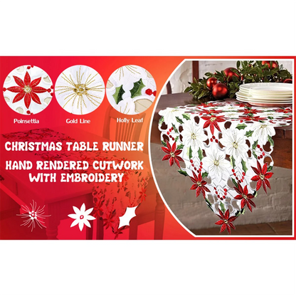 Christmas Table Runner, Poinsettia Holly Leaf Embroidered Table Linens for Christmas Decorations 15 X 53