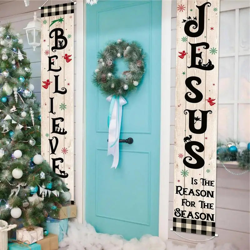 Jesus Banners for Outside Christmas Nativity Scene Decorations 2X Black White Buffalo Plaid Banner Weather-Proof Home Decor for