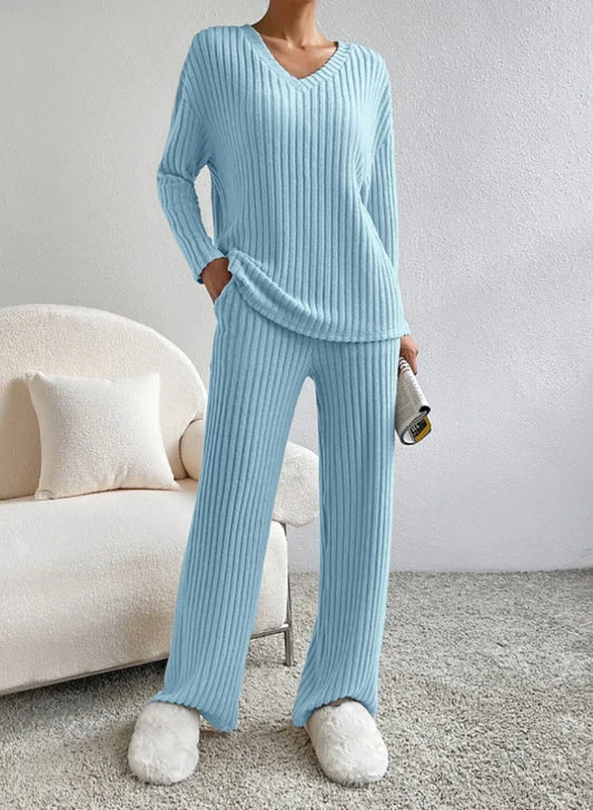 Two-piece Set Female 2024 Fall New Fashion Casual Straight Pants Temperament Loose V-neck Pit-stripe Knitting Women's Clothes