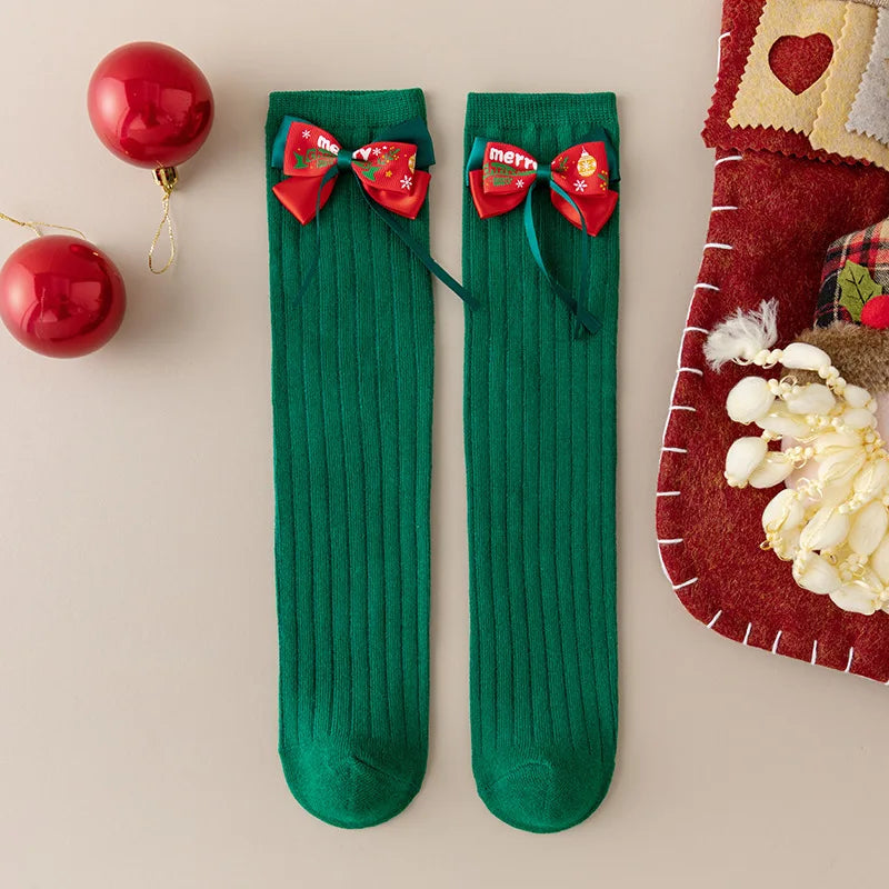 Baby Girls Christmas Socks Autumn Winter 2024 New Kids Cute Red Green 3D Bowknot Appliques Xmas Long Socks Fashion Children