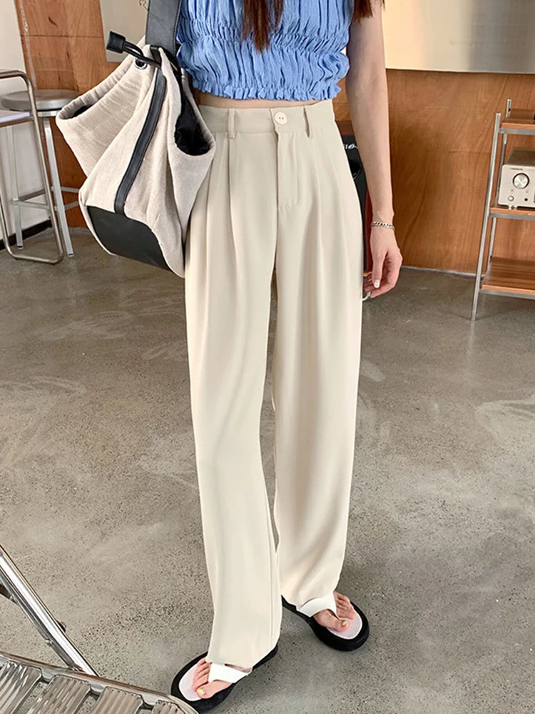 Zoki Elegant Chic Suit Pant Women High Waist Solid Straight Trousers Korean Casual Fashion Loose Spring Summer Wide Leg Pants