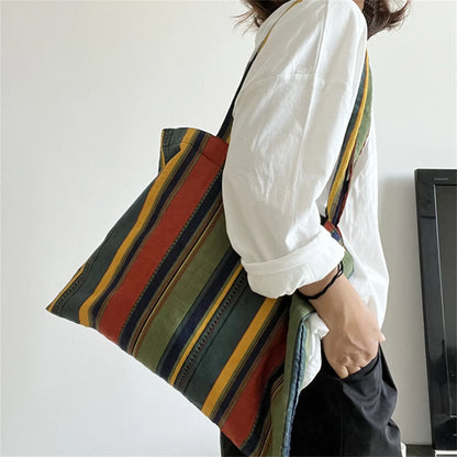 Retro Women's Canvas Shoulder Bag Rainbow Striped Linen Shopping Bag Eco Large Capacity Handbag Tote for Girls Christmas Gifts