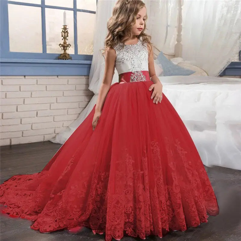 Red Christmas Dresses for Kids Girls Children's Pageant Performance Formal Gown Teen Girls Wedding Party Tailling Long Dress