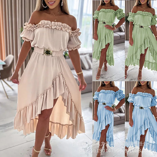 Dress Women Ruffles Off Shoulder Long Dresses Solid Slim Fit Regular Casual Elegant Splice High Waist Belt A Line Vestidos 2024