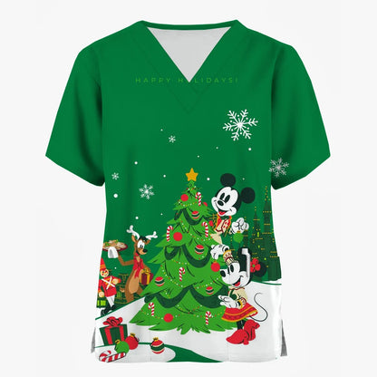 Disney Mickey Mouse Minnie print Christmas Scrub Tops Women Dentist Work Uniform Nurse Scrub Uniforms Medicals Dental Hospital