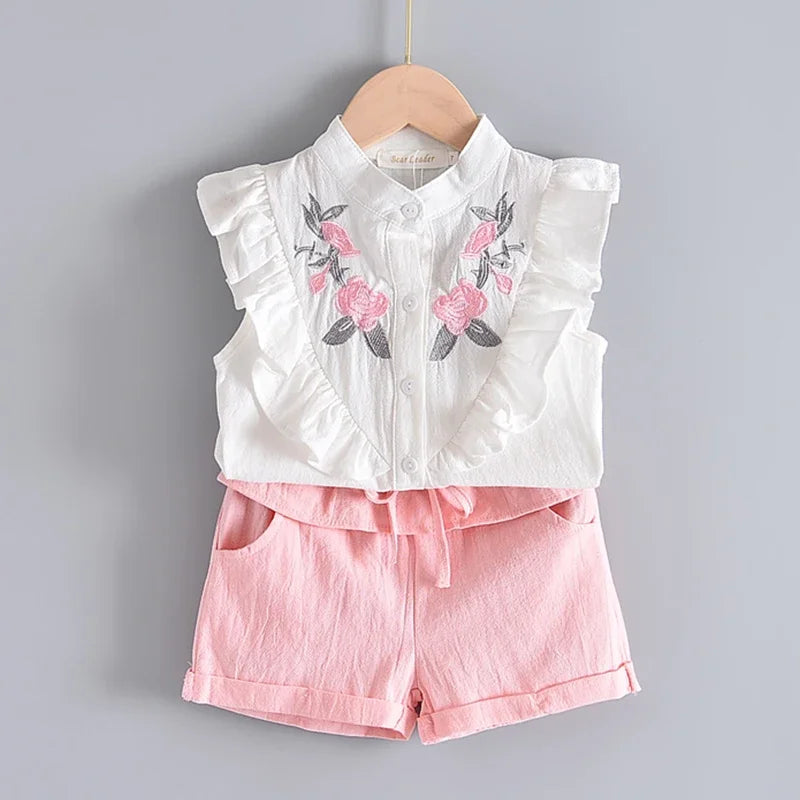 Bear Leader New Summer Casual Children Sets Chiffon Flowers Blue T-shirt Pants Girls Clothing Sets Kids Summer Set for 3-7 Years