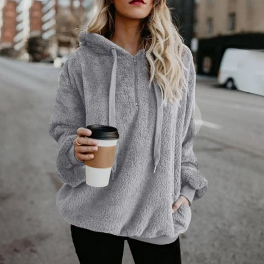 Winter Hoodies Long Sleeve Two Pockets Pullover Sweatshirt Plush Turtleneck Zipper Neck Women Fluffy Sweatshirt Outerwear