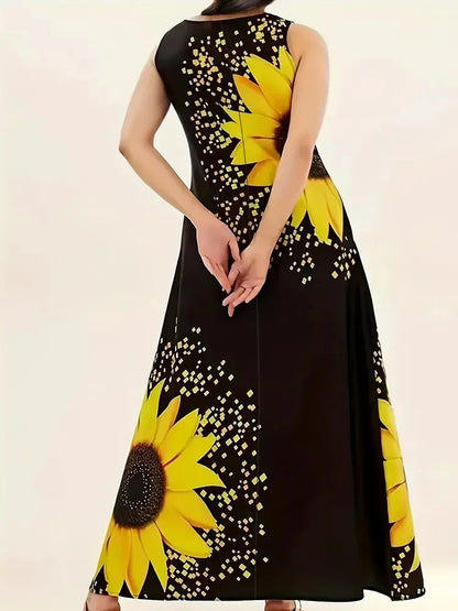 Chic Sunflower Sleeveless Maxi Dress - Vintage Floral, Teens' Casual All-Season Wear with Pocket