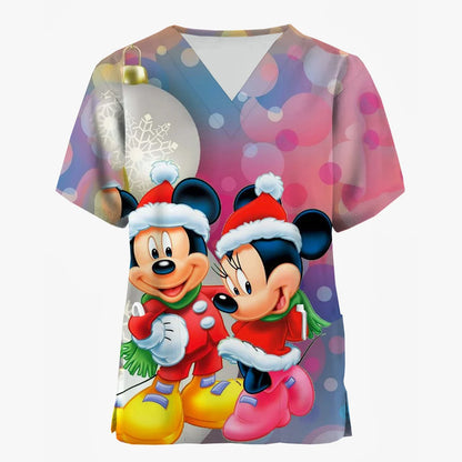 Disney Mickey Mouse Minnie print Christmas Scrub Tops Women Dentist Work Uniform Nurse Scrub Uniforms Medicals Dental Hospital