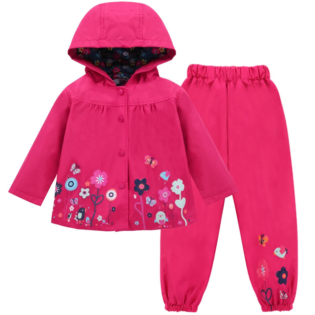 Autumn Spring Children Waterproof Long Sleeve Coat+Pants 2pcs Flower Print Baby Girls Clothes Toddler Boys Children Sets Costume