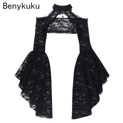 Flare Sleeve Lace Top Shrug Gothic Style Dark Waistcoat Women Round Neck Off-Shoulder Coat Goth Clothes Y2k Cropped Tops