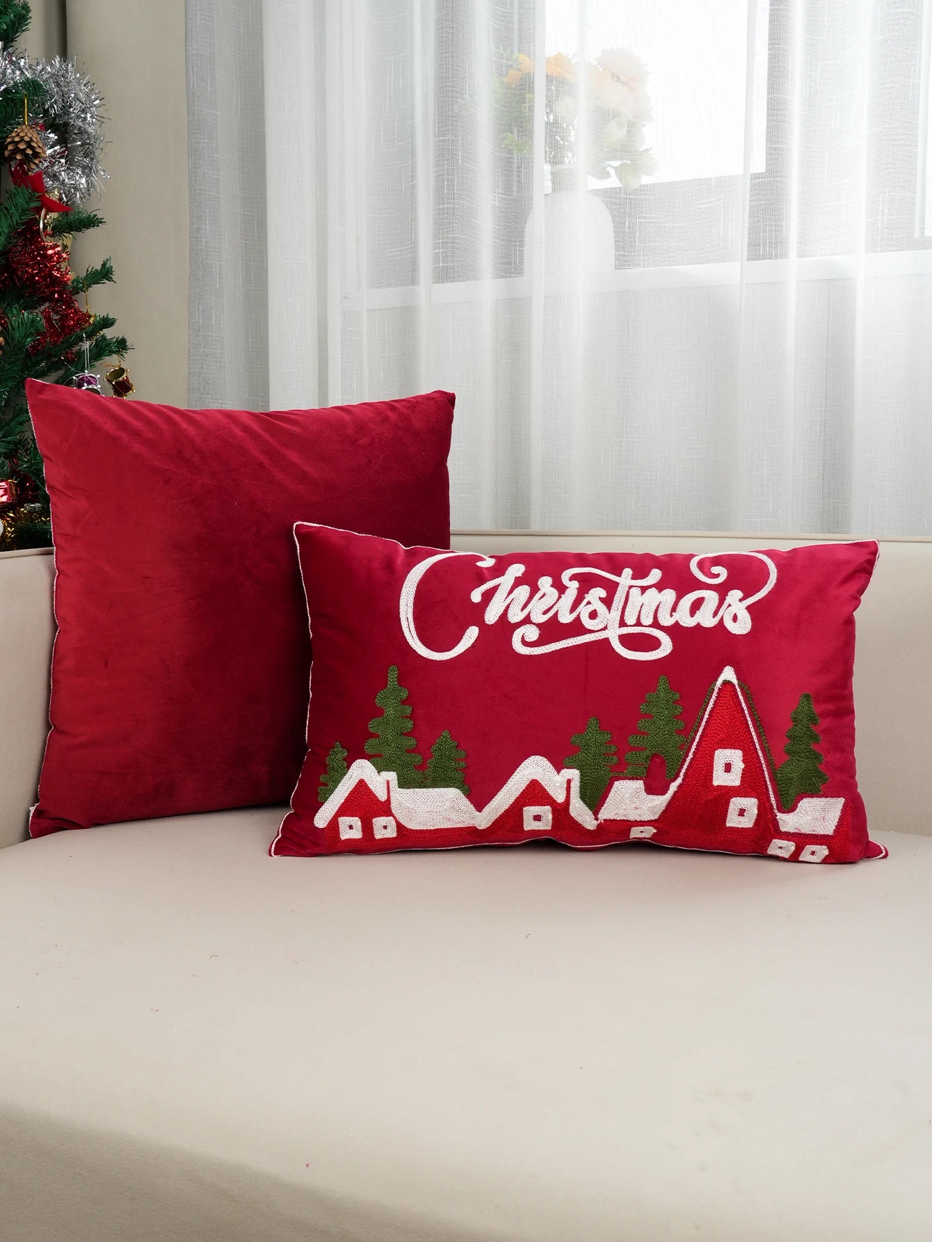 1pc Red Dutch Velvet Christmas Embroidery Cushion Pillow Case, Dormitory Bedroom Sofa Home Decoration