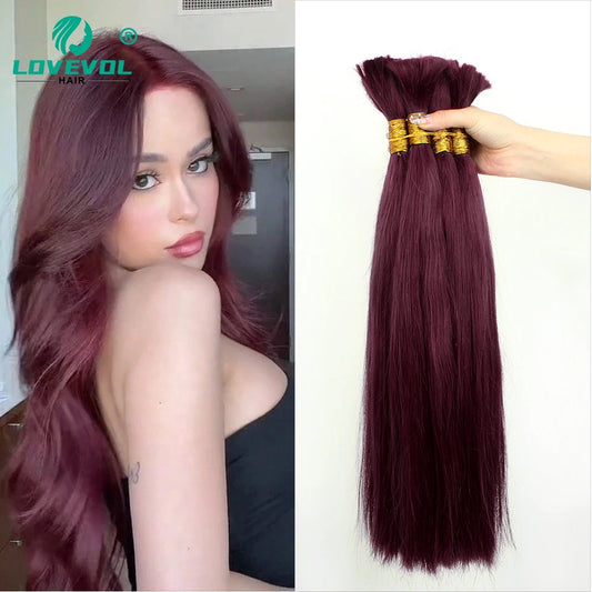 Lovevol 100G Straight Bundles 99J Burgundy Straight Human Hair Bulk For Braiding No Weft Color 100% Human Hair Extensions 16-26