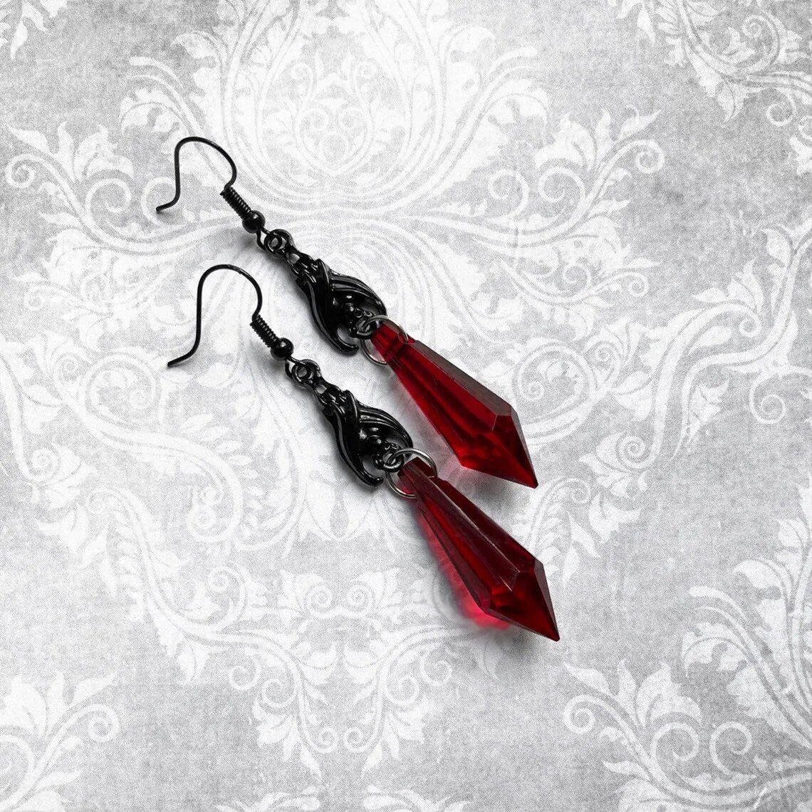 Gothic Dark Bat Decorative Red And Black Gemstone Dangle Earrings Wedding Party Holiday Gift For Men And Women Daily Jewelry