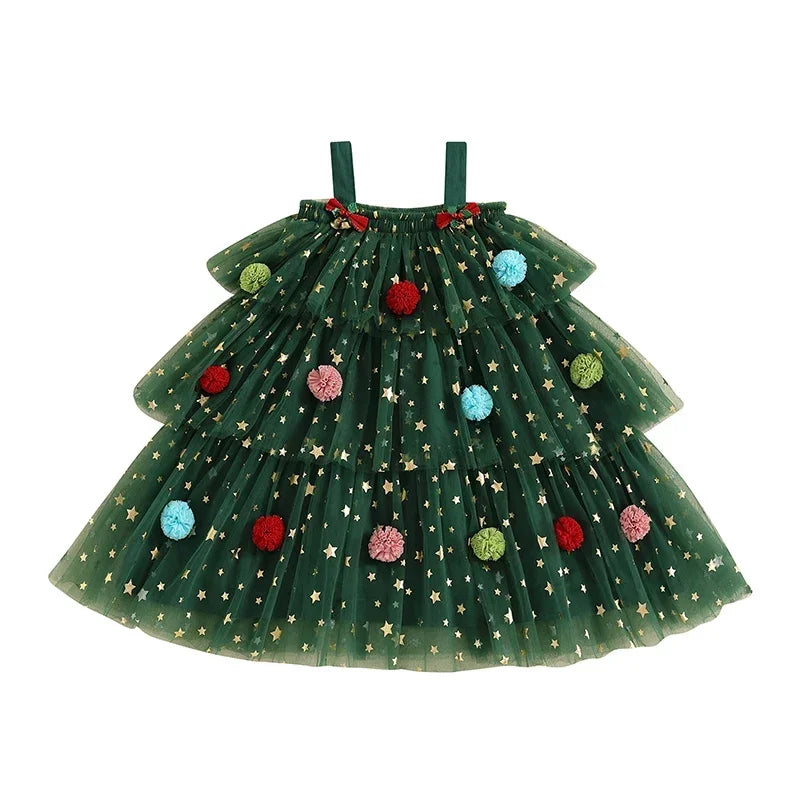 Cute Christmas Kids Girl Mesh Lace Dress Print Sleeveless Layered Tulle Dress Plush Ball Hat Xmas Costume Clothes