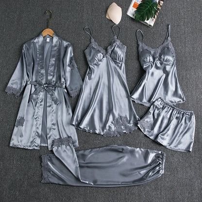 Female 5PCS Pajamas Set Spring Summer Silk Satin Sleepwear Pyjama Pour Femme Sleepwear Sexy Loose Lace Lounge Wear Pijamas Suit