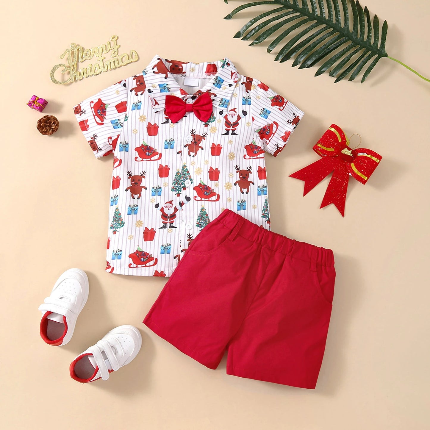 Toddler Boys Christmas Outfits Gentleman Sets For Kids Short Sleeve Deer Shirt and Red Shorts New Year Costume For Children Baby