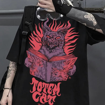 Summer Harajuku Goth Cat Y2k Harajuku Tops Women T Shirt Summer Print Short Sleeve Loose Plus Size Clothes Oversized T-shirt