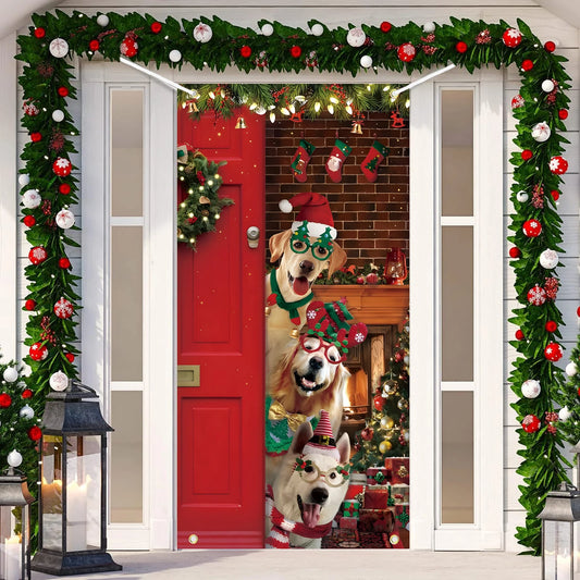 Christmas Door Cover Decoration Funny Merry Christmas Door Cover Backdrop Xmas Party Door Cover Cute Santa Dog Background Holida