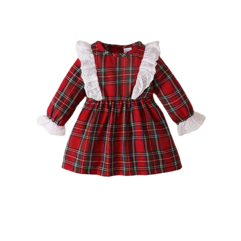 Christmas Party Dress for 0-3 Years Baby Girl Back Single-breasted White Lace Red Plaid Round Neck Waist Long Sleeve Dress