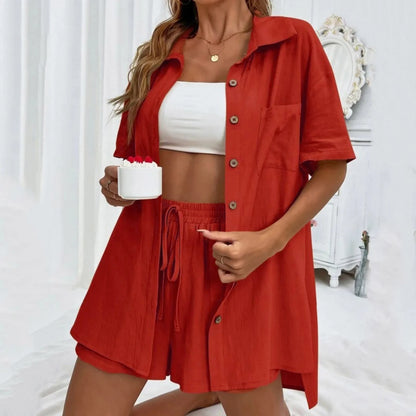 Women Summer Casual Shorts Set Short Sleeve Lapel Shirt Tops +Shorts Suit 2023 New Lounge Wear Vacation Two Piece Set